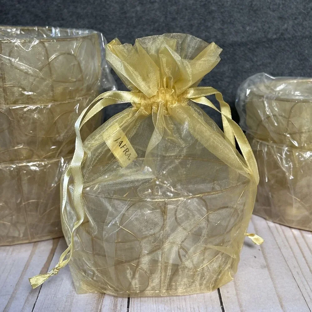 Gift Basket Gold Metal Wire Mesh Box with Golden Ribbon Sheer Fabric 6 Count